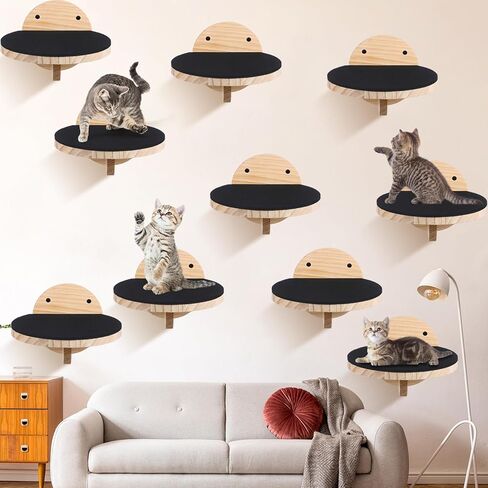 Thyle 10 قطع أرفف مثبتة على الحائط للقطط، خطوات حائط للقطط، أثاث حائط للقطط مع خدش غير قابل للانزلاق، أرفف تسلق للقطط، سلالم خشبية عائمة للقطط تلعب النوم، منصة جثم للتسكع in Kuwait