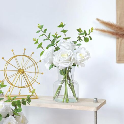 زهور صناعية بلمسة حقيقية مع ماء صناعي في مزهرية، ورود حريرية واوكالبتوس مع ترتيبات زهور مائية مزيفة في مزهرية زجاجية لتزيين الطاولة المركزية والمطابخ والمكتب وديكور المنزل (ابيض) in Kuwait