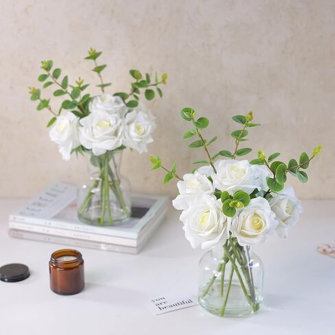 زهور صناعية بلمسة حقيقية مع ماء صناعي في مزهرية، ورود حريرية واوكالبتوس مع ترتيبات زهور مائية مزيفة في مزهرية زجاجية لتزيين الطاولة المركزية والمطابخ والمكتب وديكور المنزل (ابيض) in Kuwait