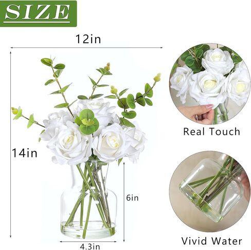 زهور صناعية بلمسة حقيقية مع ماء صناعي في مزهرية، ورود حريرية واوكالبتوس مع ترتيبات زهور مائية مزيفة في مزهرية زجاجية لتزيين الطاولة المركزية والمطابخ والمكتب وديكور المنزل (ابيض) in Kuwait