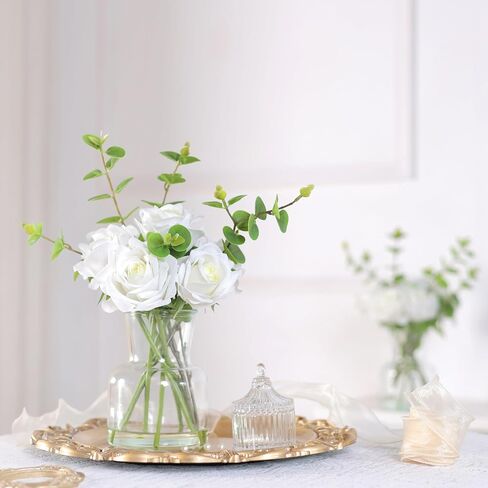 زهور صناعية بلمسة حقيقية مع ماء صناعي في مزهرية، ورود حريرية واوكالبتوس مع ترتيبات زهور مائية مزيفة في مزهرية زجاجية لتزيين الطاولة المركزية والمطابخ والمكتب وديكور المنزل (ابيض) in Kuwait