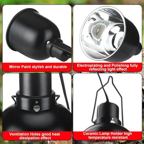 Baquler 6 Pcs Reptile Deep Aluminum Dome Heat Lamp Reptile Basking Heat Lamp Fixture with Hooking Temperature Gauge Black Dome Light for Bearded Dragon Turtles Snake and Lizard Terrarium in Kuwait