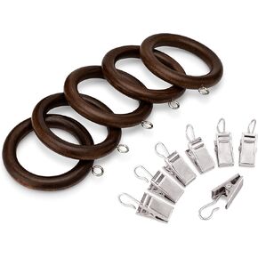 Wood Curtain Rings with Clips in Dark Brown Varnished Finish (Set of 12, 1.5 Inch)