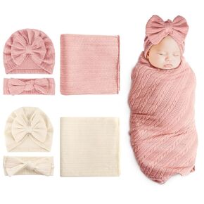 DRESHOW BQUBO Newborn Receiving Blanket Headband Hat Set for Baby, Unisex Baby Boys Girls Essentials, Newborn Registry Must Haves, Stroller Crib Shower Gifts
