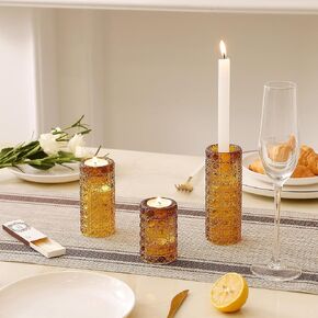 Gem-Patterned Candlestick Holders Set of 3, Premium Glass Candle Holders for Taper Candles, Tealight Candles and Candle Sticks, Vintage Candle Holder Decor for Table Centerpiece, Amber in Kuwait