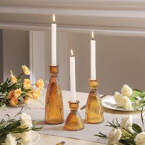 Joyfice Vertical Stripe Candlestick Holders Set of 3, Premium Glass Candle Holders for Candlesticks and Taper Candles, Vintage Candle Holder Decor for Table Centerpiece, Pink
