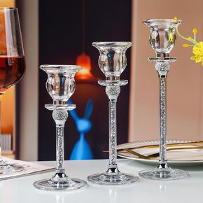 Transparent Crystals Candle Holders Set of 3 for Taper Candles, Decorative Candlestick Holder for Wedding, Dinning, Party, Fits 3/4 inch Thick Candle&Led Candles (Silber)