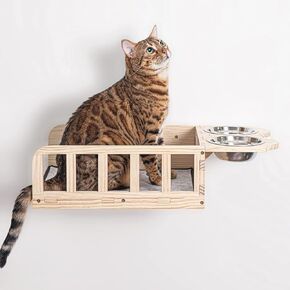 Yiotl Wall Mounted Wood Cat Shelf Bed with Two Bowls Wood Cat Feeder Shelf Wall Cat Bowls Indoor Cat Playing Platform Cat Perch Bed with Mat in Kuwait