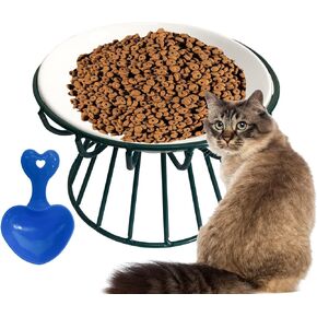 MUYG Ceramic Cat Bowls with Metal Stand,2 Pack Elevated Cat Bowl Raised Kitten Food&Water Feeding Shallow Dish for Indoor Cats,Puppies,Small Dogs