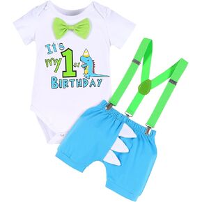 IMEKIS Baby Boys Dinosaur 1st Birthday Outfit Cake Smash Bowtie Romper + Shorts + Suspenders 3PCS Clothes Set for Photo Shoot