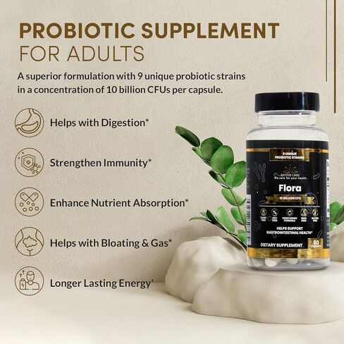 البروبيوتيك للبالغين لصحة الجهاز الهضمي [60 كبسولة] - مكمل البيفيدوباكتريوم والعصيات اللبنية مع 9 سلالات بروبيوتيك نباتية - بدون الغلوتين أو منتجات الألبان - البروبيوتيك غير المعدل وراثيًا للنساء والرجال in Kuwait