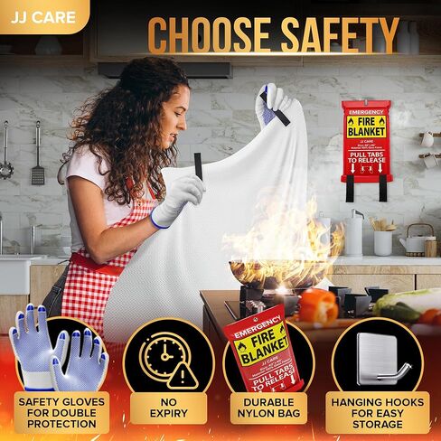 JJ CARE Fire Blanket – (Large) 4.9x4.9ft with Hooks & Gloves, Emergency Fire Blanket for Home & Kitchen, High Heat Resistant Fire Suppression Blankets for Home Safety, Kitchen, Camping in Kuwait