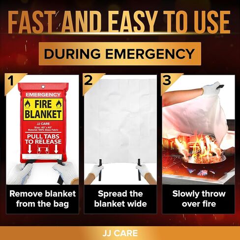 JJ CARE Fire Blanket – (Large) 4.9x4.9ft with Hooks & Gloves, Emergency Fire Blanket for Home & Kitchen, High Heat Resistant Fire Suppression Blankets for Home Safety, Kitchen, Camping in Kuwait