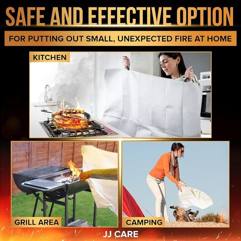 JJ CARE Fire Blanket – (Large) 4.9x4.9ft with Hooks & Gloves, Emergency Fire Blanket for Home & Kitchen, High Heat Resistant Fire Suppression Blankets for Home Safety, Kitchen, Camping in Kuwait