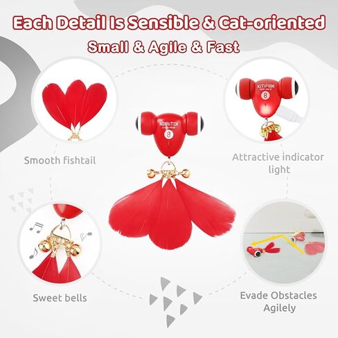 العاب القطط سريعة الحركة من كيتي فيش، لعبة الكترونية اوتوماتيكية تفاعلية للقطط من الريش لتحفيز الاهتمام بالصيد والقطط الصغيرة (قطعتان من ذيول الريش قابلة للاستبدال) in Kuwait