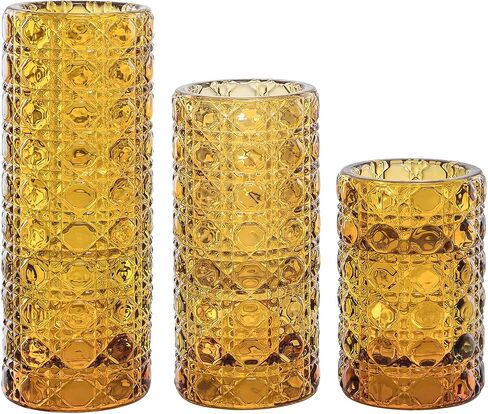 Gem-Patterned Candlestick Holders Set of 3, Premium Glass Candle Holders for Taper Candles, Tealight Candles and Candle Sticks, Vintage Candle Holder Decor for Table Centerpiece, Amber in Kuwait
