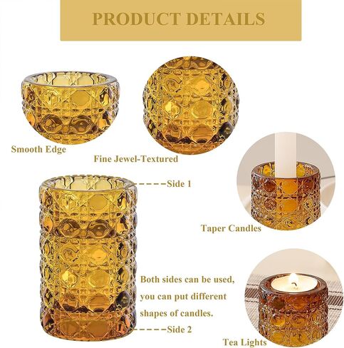 Gem-Patterned Candlestick Holders Set of 3, Premium Glass Candle Holders for Taper Candles, Tealight Candles and Candle Sticks, Vintage Candle Holder Decor for Table Centerpiece, Amber in Kuwait