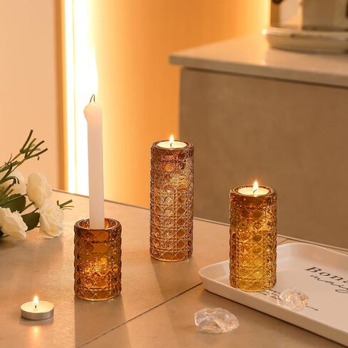 Gem-Patterned Candlestick Holders Set of 3, Premium Glass Candle Holders for Taper Candles, Tealight Candles and Candle Sticks, Vintage Candle Holder Decor for Table Centerpiece, Amber in Kuwait