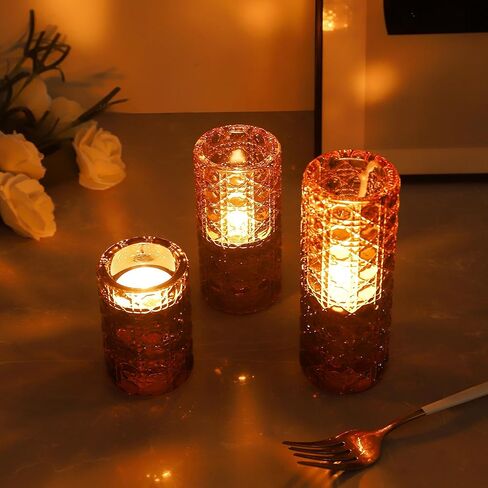 Gem-Patterned Candlestick Holders Set of 3, Premium Glass Candle Holders for Taper Candles, Tealight Candles and Candle Sticks, Vintage Candle Holder Decor for Table Centerpiece, Amber in Kuwait