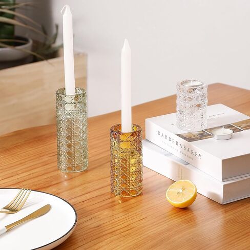 Gem-Patterned Candlestick Holders Set of 3, Premium Glass Candle Holders for Taper Candles, Tealight Candles and Candle Sticks, Vintage Candle Holder Decor for Table Centerpiece, Amber in Kuwait