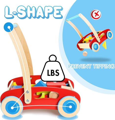 مشاية أطفال خشبية من بيتبات مع مكعبات بناء لعمر سنة فما فوق، لعبة دفع خشبية لعمر 12 شهر، عربة خشبية مع مكعبات (35 قطعة) in Kuwait