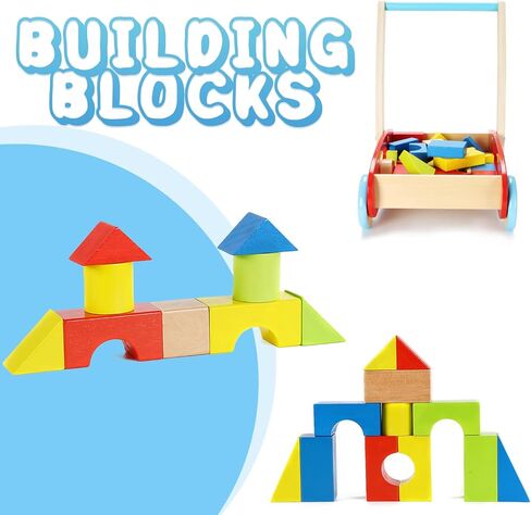 مشاية أطفال خشبية من بيتبات مع مكعبات بناء لعمر سنة فما فوق، لعبة دفع خشبية لعمر 12 شهر، عربة خشبية مع مكعبات (35 قطعة) in Kuwait