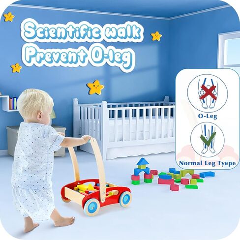 مشاية أطفال خشبية من بيتبات مع مكعبات بناء لعمر سنة فما فوق، لعبة دفع خشبية لعمر 12 شهر، عربة خشبية مع مكعبات (35 قطعة) in Kuwait