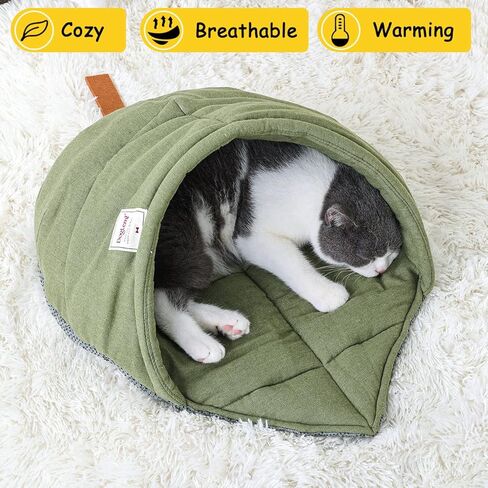 Leaf Cat Sleeping Bed,Pet Sleep Cozy Bag Stay Open,Cute Pet Cuddle Cave Reinforced Upper Beam,Warm Cat Hideaway for Indoor Cat,Burrow Calming Snuggle Sack Covered Nest Bed for Puppy,Kittens(Green) in Kuwait