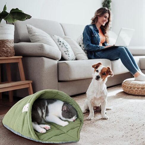Leaf Cat Sleeping Bed,Pet Sleep Cozy Bag Stay Open,Cute Pet Cuddle Cave Reinforced Upper Beam,Warm Cat Hideaway for Indoor Cat,Burrow Calming Snuggle Sack Covered Nest Bed for Puppy,Kittens(Green) in Kuwait