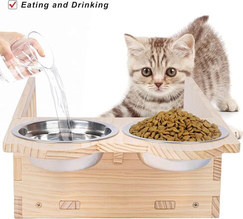 ييوتل سرير خشبي يثبت على الحائط للقطط مع وعاءين من الخشب، رف طعام للقطط على الحائط، منصة لعب للقطط في الاماكن المغلقة، سرير للقطط مع بساط in Kuwait
