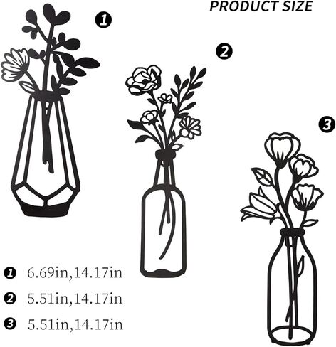 3 قطع من زهور معدنية لتزيين الحائط، مزهرية معدنية بنمط زهور، فنون حائط معدنية ذات طابع طبيعي، ديكور حائط معدني بسيط على شكل زهرة معدنية سوداء لديكور الحائط للمنزل/الحمام/ديكور حائط المطبخ in Kuwait