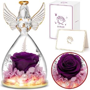 Birthday Gifts for Women, Preserved Flowers Rose Gift for Mom Wife Girlfriend, Glass Angel Figurines with LED Light, Forever Rose for Mothers, Valentines, Anniversary, Christmas Day Gift