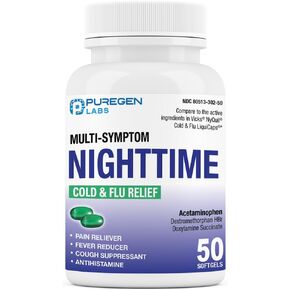 Puregen Labs Nighttime Cold and Flu Relief Medicine | 50 Softgel Liquid Capsules | Helps Relieve Sore Throat, Cough, Fever, Headaches, Runny Nose, Congestion and Aches | Value Pack in Saudi Arabia