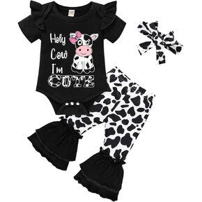 GRNSHTS ملابس الفتيات حديثي الولادة رومبير مطبوع عليه حروف بقرة + سراويل طويلة + رباط رأس 3 قطعة ملابس صيفية وخريفية لطيفة in Kuwait