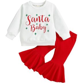 Tsnbre Newborn Baby Girl Christmas Outfit Santa Letter Printed Long Sleeve Sweatshirt Tops Bell Bottoms Pants Winter Clothes