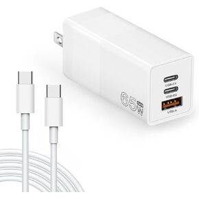 شاحن حائط USB C بقدرة 65 وات، محول طاقة GaN 3 منافذ سريع وقابل للطي مع كابل USB-C، كتلة شاحن PD QC لأجهزة MacBook Pro/Air، iPad Pro، iPhone 15/14/Pro، Galaxy S23/S22 والمزيد (أبيض) in Kuwait