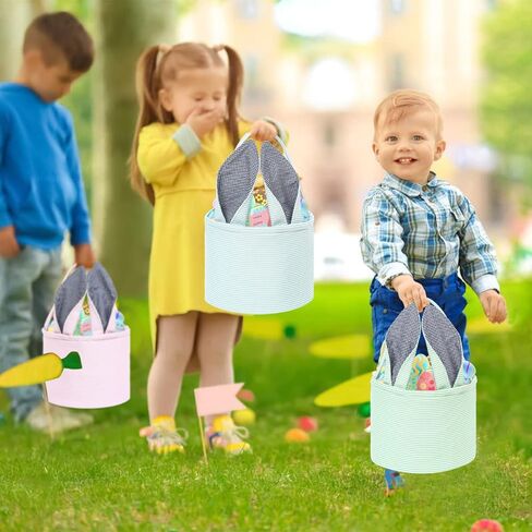 أكياس سلة أرنب عيد الفصح من Cootato للأطفال، أكياس صيد سلة البيض المخصصة من القماش القطني مع آذان أرنب لطيفة وحقيبة هدايا حلوى بيض عيد الفصح (أزرق) in Saudi Arabia