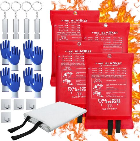 Copkim 4 Pack Emergency Fire Blanket 47''x47'' Emergency Fire Blanket for Kitchen Fiberglass Fire Suppression Blanket with Hooks Gloves Emergency Whistles Fireproof Blanket for Home Safety Camping in Saudi Arabia