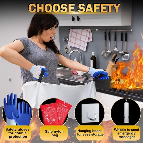 Copkim 4 Pack Emergency Fire Blanket 47''x47'' Emergency Fire Blanket for Kitchen Fiberglass Fire Suppression Blanket with Hooks Gloves Emergency Whistles Fireproof Blanket for Home Safety Camping in Saudi Arabia