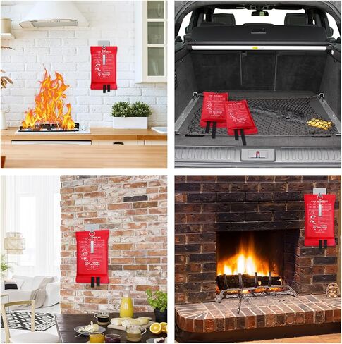 Copkim 4 Pack Emergency Fire Blanket 47''x47'' Emergency Fire Blanket for Kitchen Fiberglass Fire Suppression Blanket with Hooks Gloves Emergency Whistles Fireproof Blanket for Home Safety Camping in Saudi Arabia