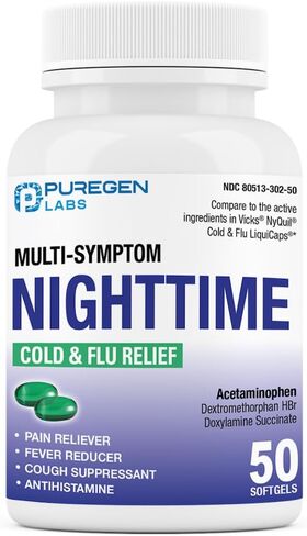 مختبرات Puregen الطب الليلي لتخفيف البرد والانفلونزا | 50 كبسولة سائلة سوفتغيل | يساعد على تخفيف التهاب الحلق والسعال والحمى والصداع وسيلان الأنف والاحتقان والأوجاع | حزمة القيمة in Saudi Arabia