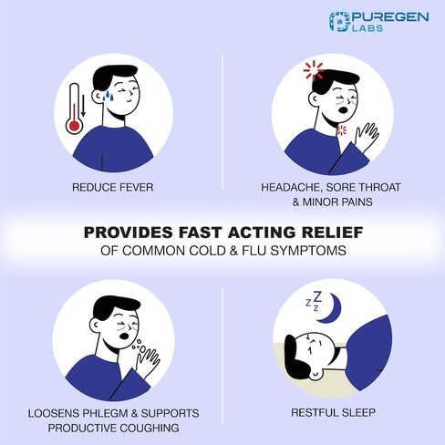 مختبرات Puregen الطب الليلي لتخفيف البرد والانفلونزا | 50 كبسولة سائلة سوفتغيل | يساعد على تخفيف التهاب الحلق والسعال والحمى والصداع وسيلان الأنف والاحتقان والأوجاع | حزمة القيمة in Saudi Arabia