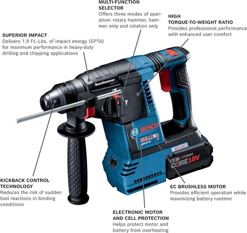 BOSCH GBH18V-26K24A 18V بدون فرشاة SDS-plus® Bulldog™ 1 In. طقم المطرقة الدوارة مع GDX18V-1860CN 18 فولت، جاهز للاتصال 1/4 بوصة. و 1/2 بوصة. سائق التأثير وبطارية ليثيوم أيون GBA18V40 CORE18V in Saudi Arabia