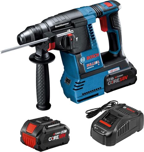 BOSCH GBH18V-26K24A 18V بدون فرشاة SDS-plus® Bulldog™ 1 In. طقم المطرقة الدوارة مع GDX18V-1860CN 18 فولت، جاهز للاتصال 1/4 بوصة. و 1/2 بوصة. سائق التأثير وبطارية ليثيوم أيون GBA18V40 CORE18V in Saudi Arabia