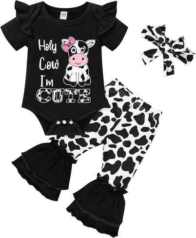 GRNSHTS ملابس الفتيات حديثي الولادة رومبير مطبوع عليه حروف بقرة + سراويل طويلة + رباط رأس 3 قطعة ملابس صيفية وخريفية لطيفة in Kuwait