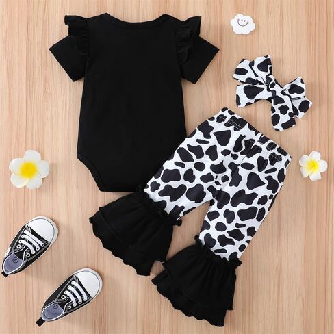 GRNSHTS ملابس الفتيات حديثي الولادة رومبير مطبوع عليه حروف بقرة + سراويل طويلة + رباط رأس 3 قطعة ملابس صيفية وخريفية لطيفة in Kuwait