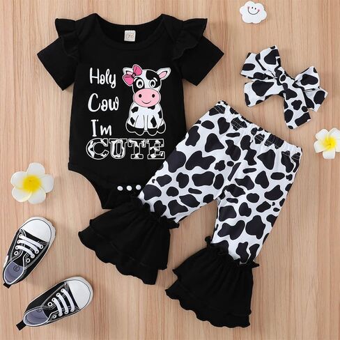 GRNSHTS ملابس الفتيات حديثي الولادة رومبير مطبوع عليه حروف بقرة + سراويل طويلة + رباط رأس 3 قطعة ملابس صيفية وخريفية لطيفة in Kuwait