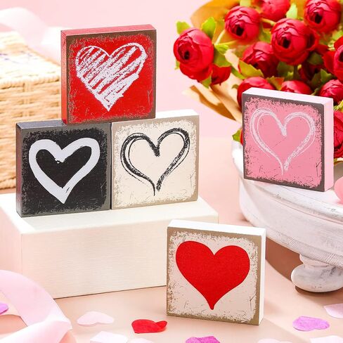 Qunclay 5 Pieces Valentine's Day Heart Tiered Tray Decor Rustic Heart Wood Sign Love Wooden Table Sign for Valentine Wedding Birthday Party Decorations Accessories and Supplies(Sweet) in Saudi Arabia