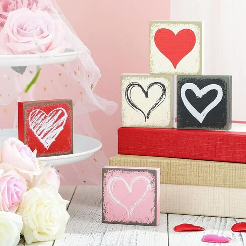 Qunclay 5 Pieces Valentine's Day Heart Tiered Tray Decor Rustic Heart Wood Sign Love Wooden Table Sign for Valentine Wedding Birthday Party Decorations Accessories and Supplies(Sweet) in Saudi Arabia