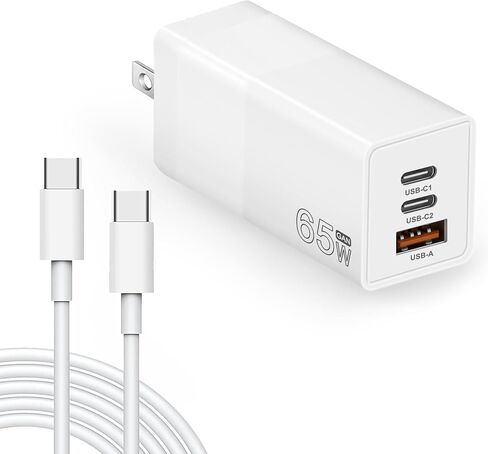 شاحن حائط USB C بقدرة 65 وات، محول طاقة GaN 3 منافذ سريع وقابل للطي مع كابل USB-C، كتلة شاحن PD QC لأجهزة MacBook Pro/Air، iPad Pro، iPhone 15/14/Pro، Galaxy S23/S22 والمزيد (أبيض) in Kuwait